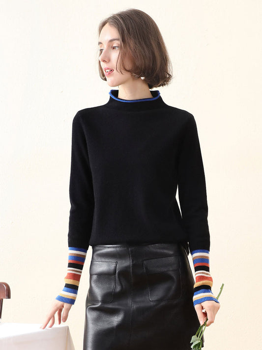 COMOBOCA Black 100% Cashmere Women's Knit Sweater with Colorful Cuffs