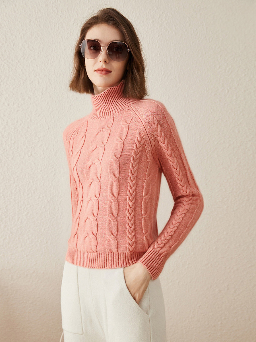 COMOBOCA 100% Cashmere Women's Turtleneck Cable Knit Sweater