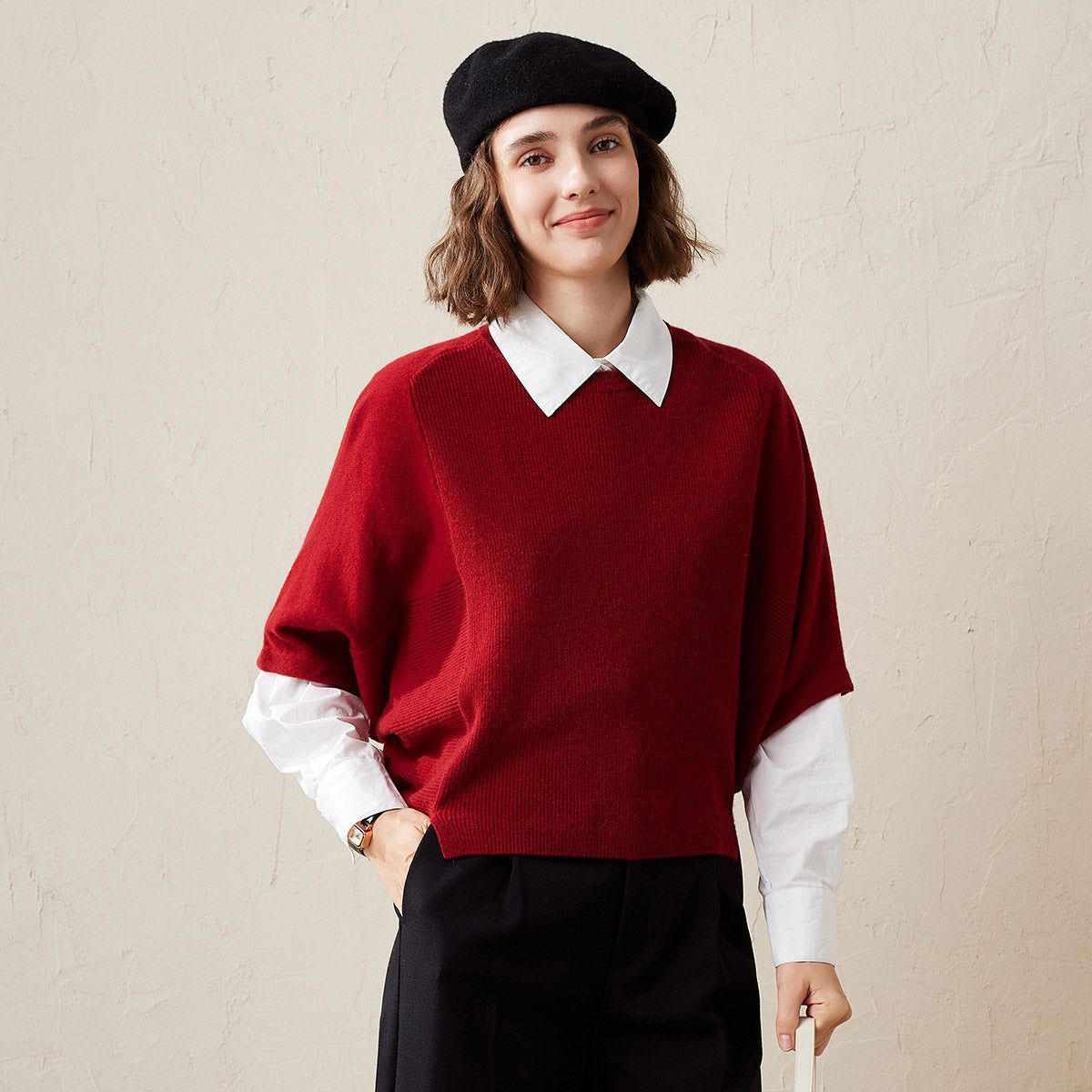COMOBOCA Red 100% Cashmere Loose Batwing Sleeve Sweater