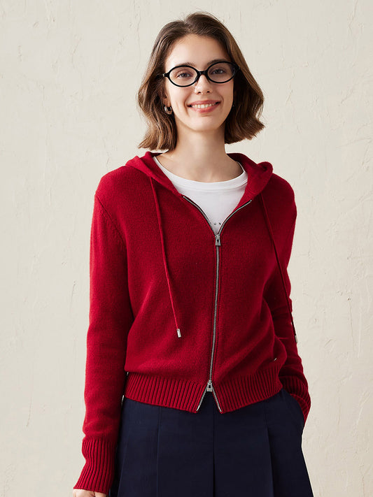 COMOBOCA Red 100% Cashmere Women's Knit Zip Cardigan Hoodie