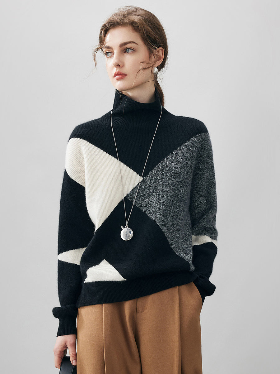 COMOBOCA Geometric 100% Cashmere Women's Geometric Turtleneck Sweater