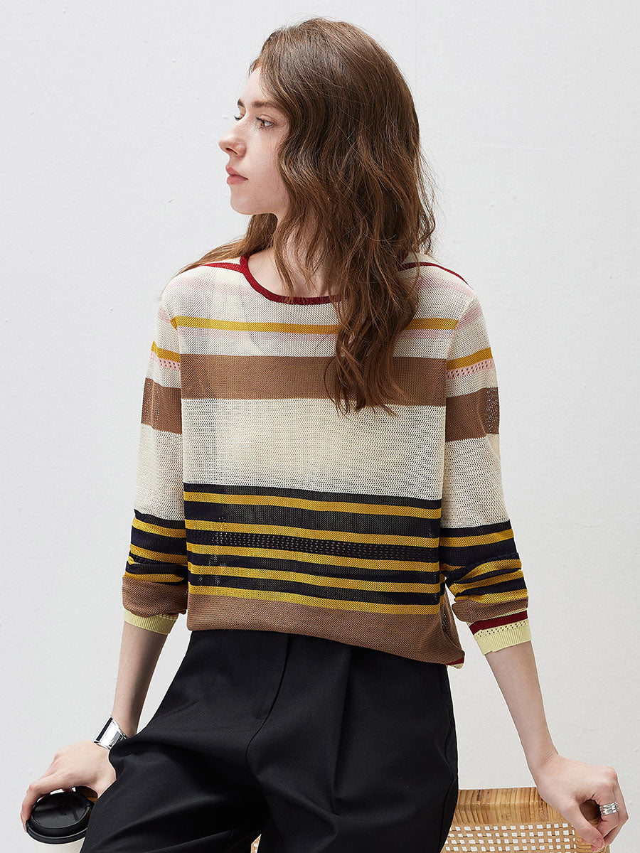 COMOBOCA Women's Multi Striped Mesh Knit Round Neck Sweater
