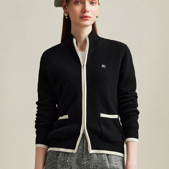 COMOBOCA Black 100% Cashmere Women's Contrast Trim Dual Zip Pocket Cardigan