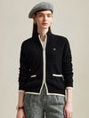 COMOBOCA Black 100% Cashmere Women's Contrast Trim Dual Zip Pocket Cardigan