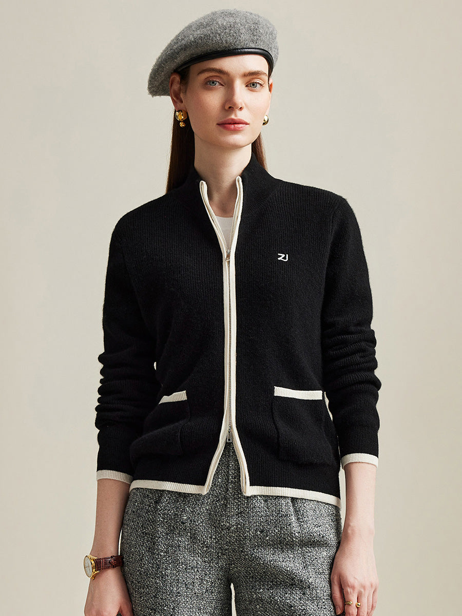 COMOBOCA Black 100% Cashmere Women's Contrast Trim Dual Zip Pocket Cardigan