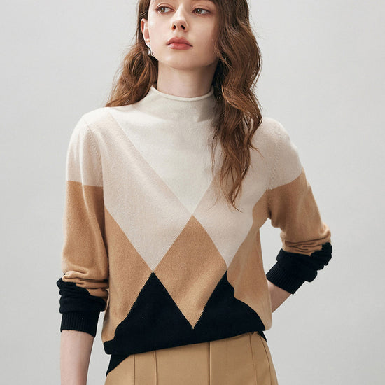 COMOBOCA 100% Cashmere Women's Turtleneck Geometric Ribbed Sweater