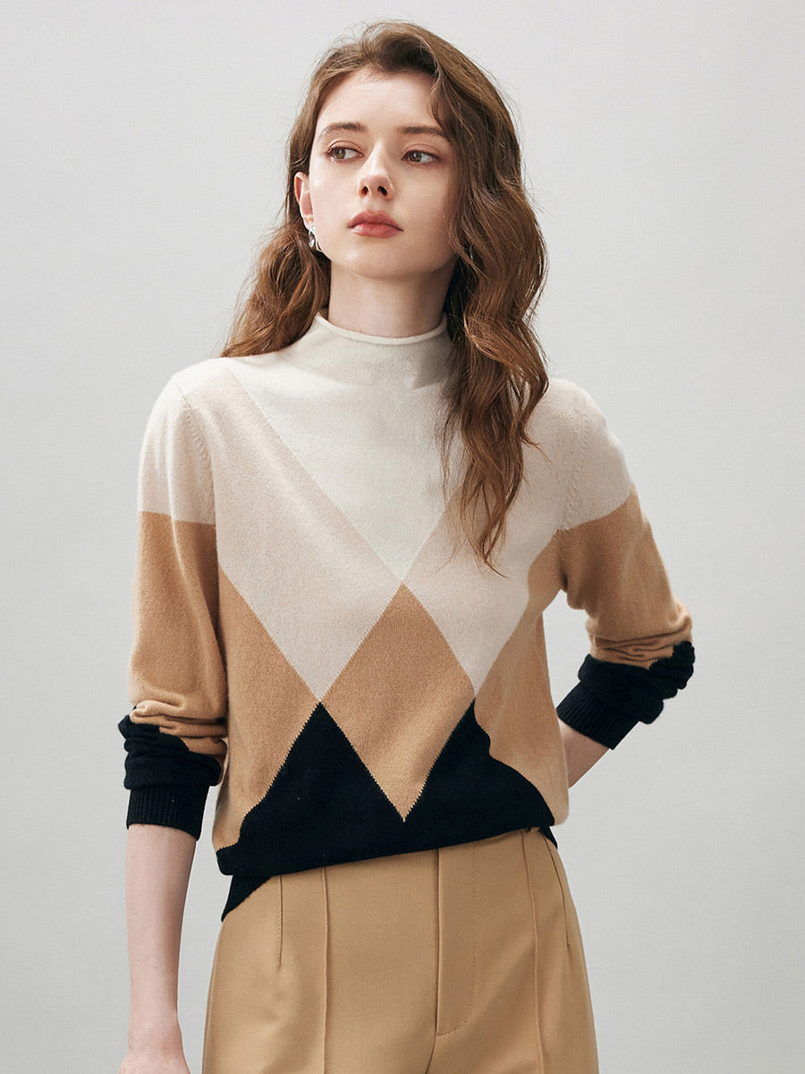 COMOBOCA 100% Cashmere Women's Turtleneck Geometric Ribbed Sweater