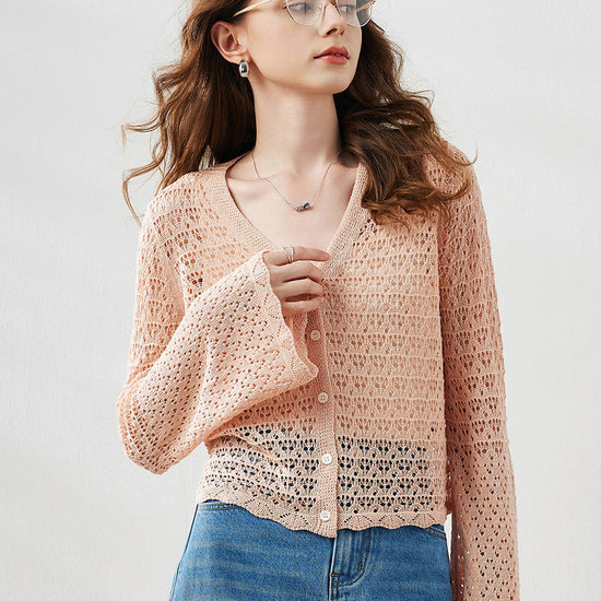 COMOBOCA Women's Bell Sleeve Lace Knit Cardigan