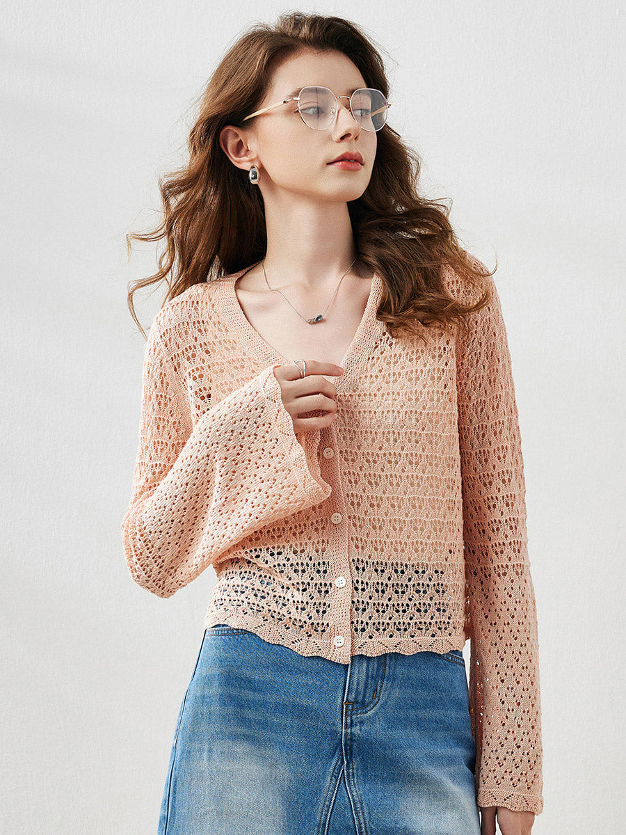 COMOBOCA Women's Bell Sleeve Lace Knit Cardigan