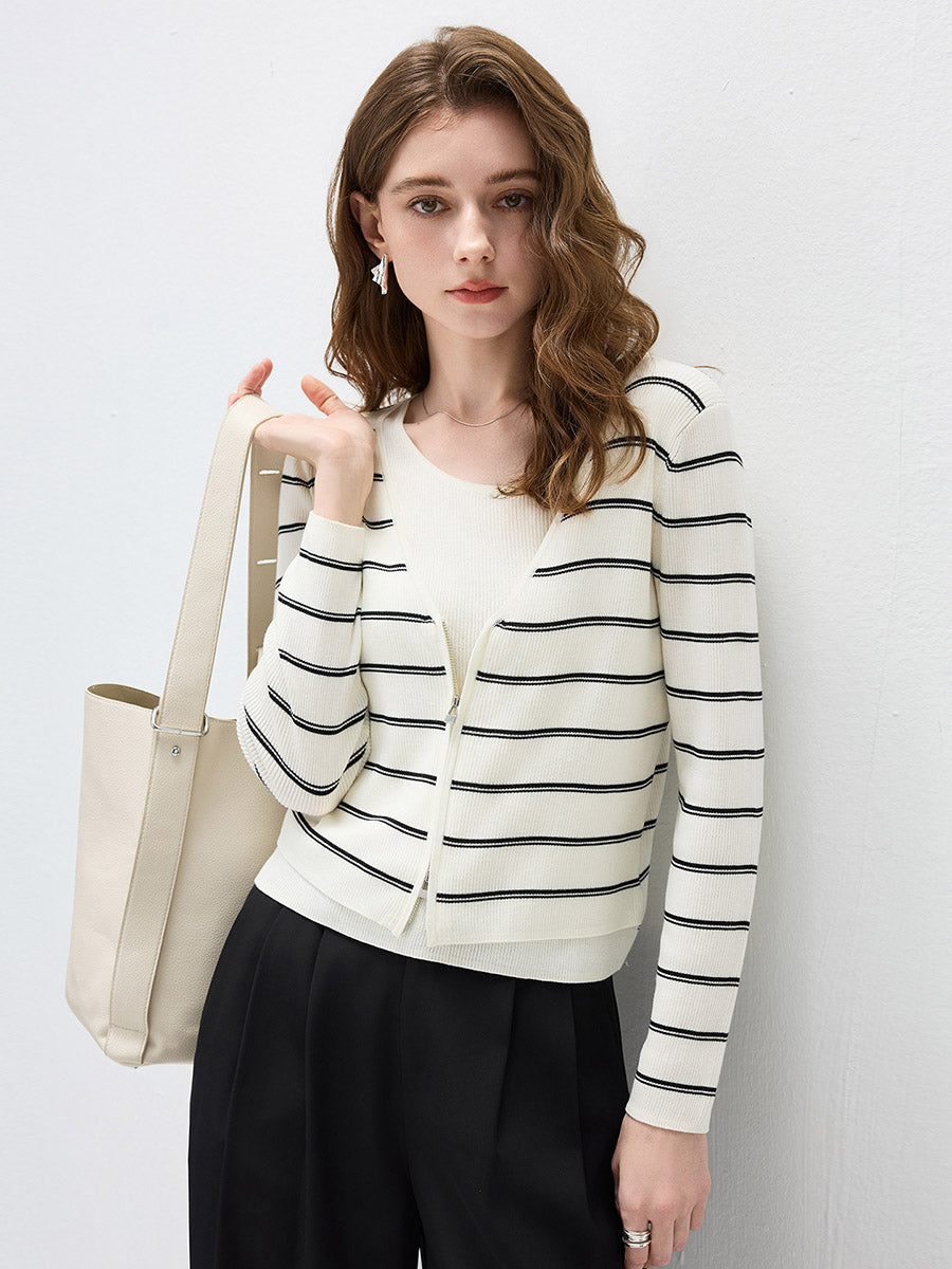 COMOBOCA Women's Striped Ribbed Knit Faux 2-in-1 Zip Cardigan