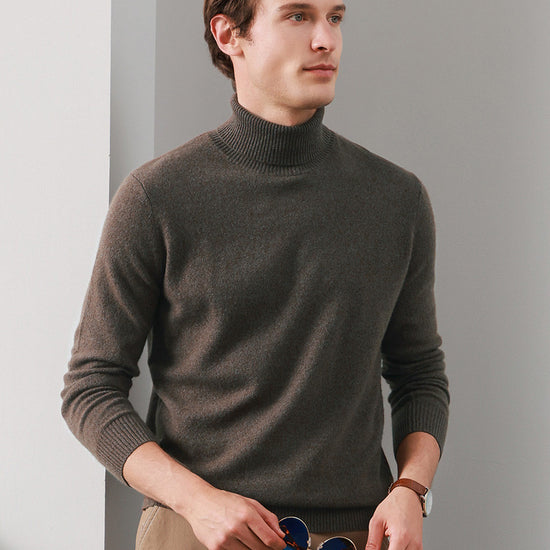 COMOBOCA BROWN 100% Cashmere Men's Ribbed Turtleneck Sweater