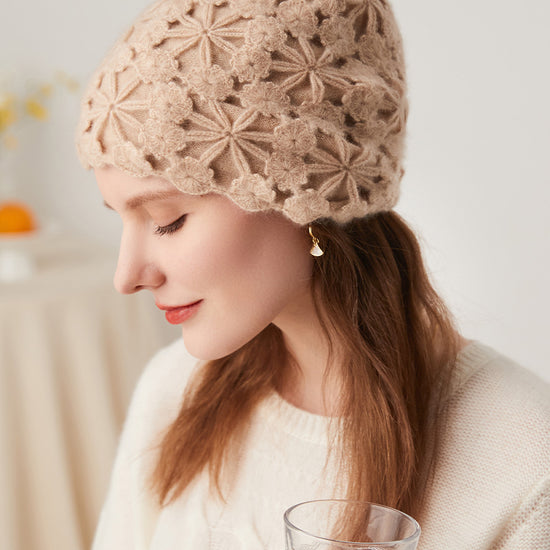 COMOBOCA 100% Cashmere Women's Floral Crochet Knit Beanie
