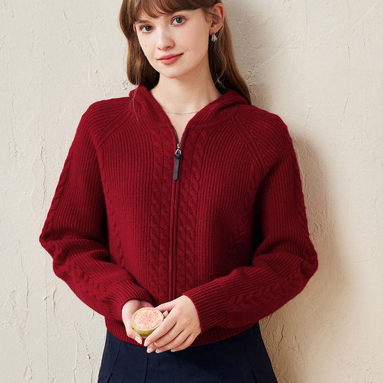 COMOBOCA Red 100% Wool Women's Cardigan Cable Knit Hoodie