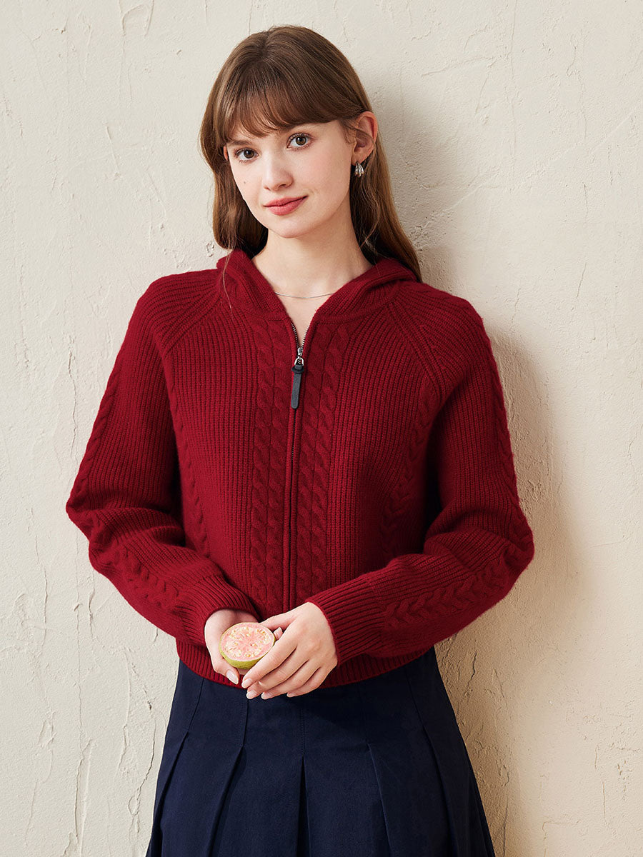 COMOBOCA Red 100% Wool Women's Cardigan Cable Knit Hoodie