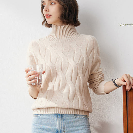 COMOBOCA BEIGE 100% Cashmere Women's Turtleneck Cable Knit Sweater
