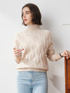 COMOBOCA BEIGE 100% Cashmere Women's Turtleneck Cable Knit Sweater