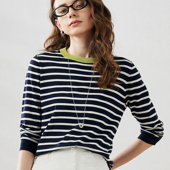 COMOBOCA Navy Blue Women's Striped Heart Embroidered Cotton Silk Sweater