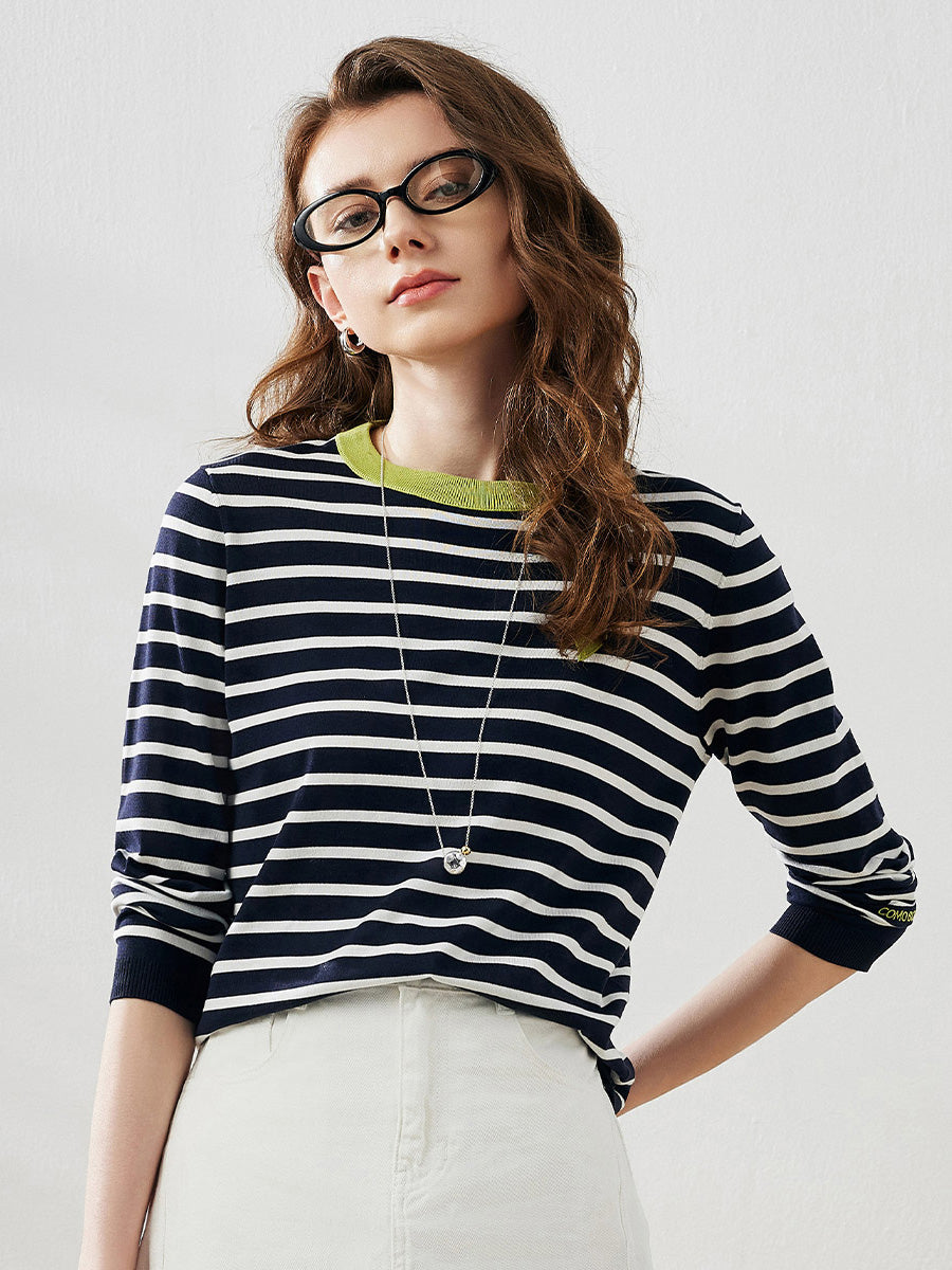 COMOBOCA Navy Blue Women's Striped Heart Embroidered Cotton Silk Sweater