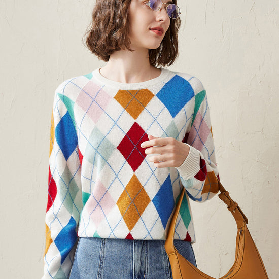 COMOBOCA 100% Cashmere Women's Argyle Pattern Colorful Knit Sweater