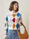 COMOBOCA 100% Cashmere Women's Argyle Pattern Colorful Knit Sweater