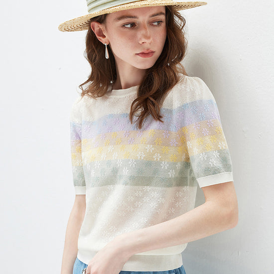 COMOBOCA Women's Rainbow Floral Semi Sheer Knit T-Shirt