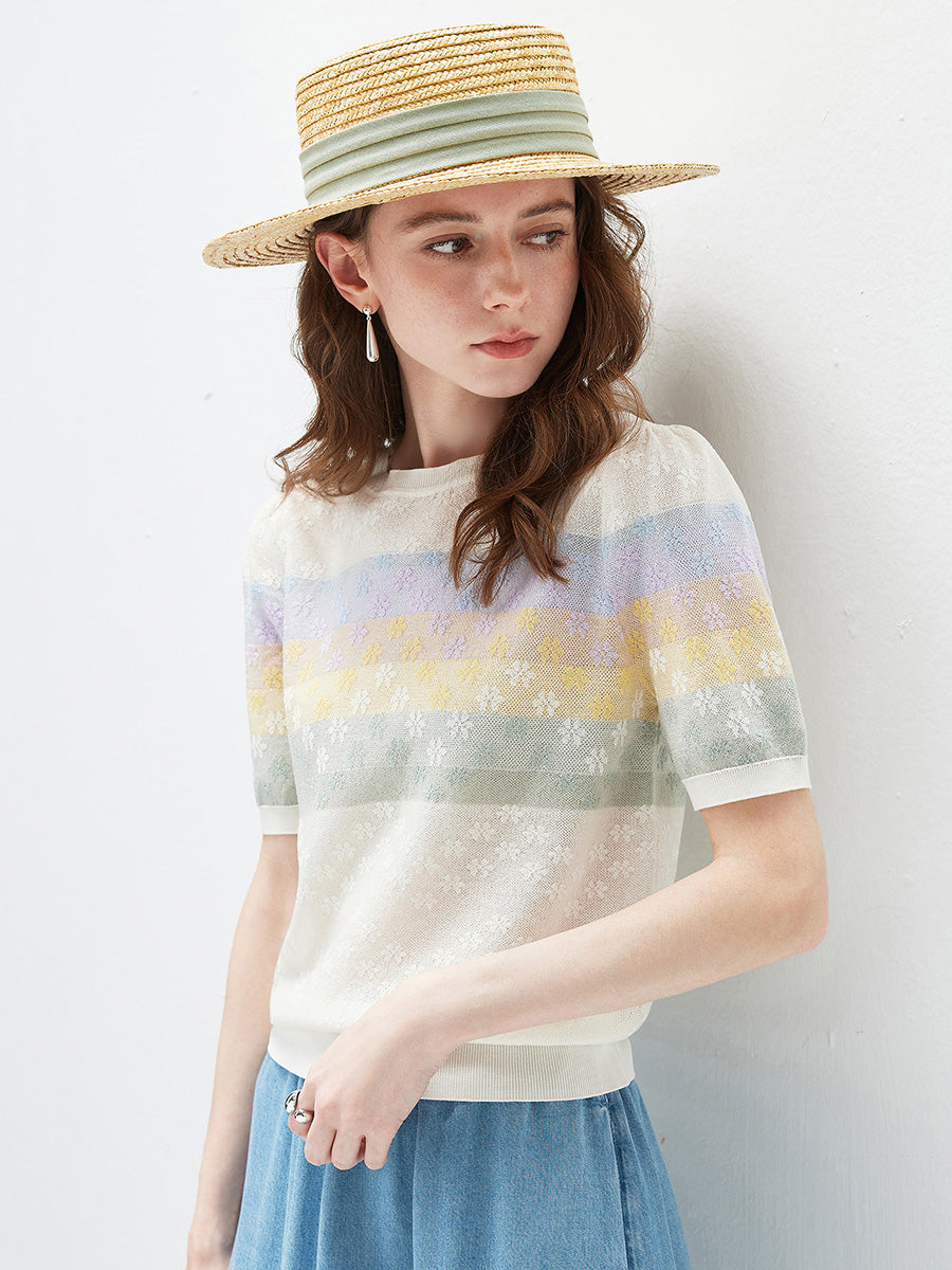 COMOBOCA Women's Rainbow Floral Semi Sheer Knit T-Shirt
