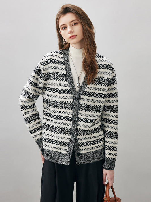 COMOBOCA Multicolor 100% Wool Women's Snowflake Pattern Cardigan