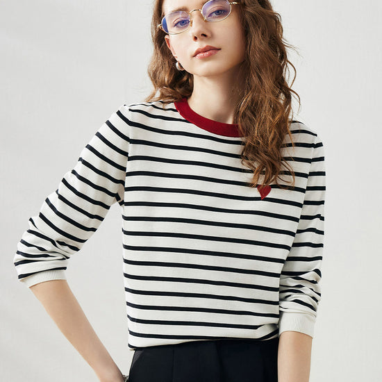 COMOBOCA Women's Striped Heart Embroidered Cotton Silk Sweater