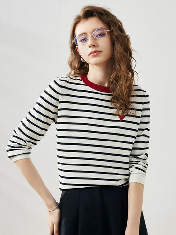 COMOBOCA Women's Striped Heart Embroidered Cotton Silk Sweater