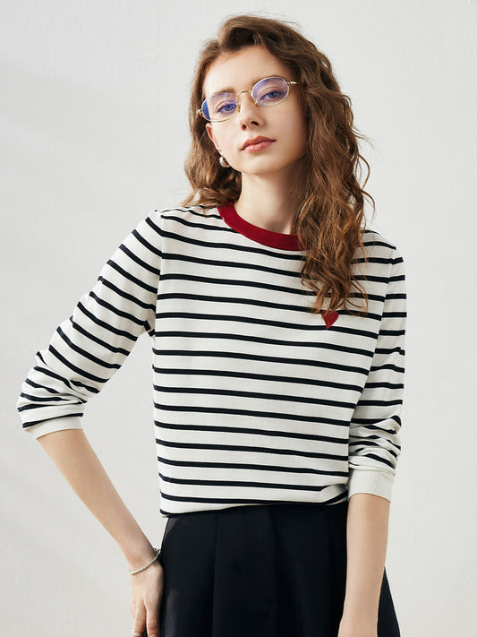 COMOBOCA Women's Striped Heart Embroidered Cotton Silk Sweater