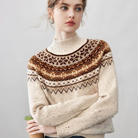 COMOBOCA Bronze 100% Cashmere Women's Fair Isle Mock Neck Sweater