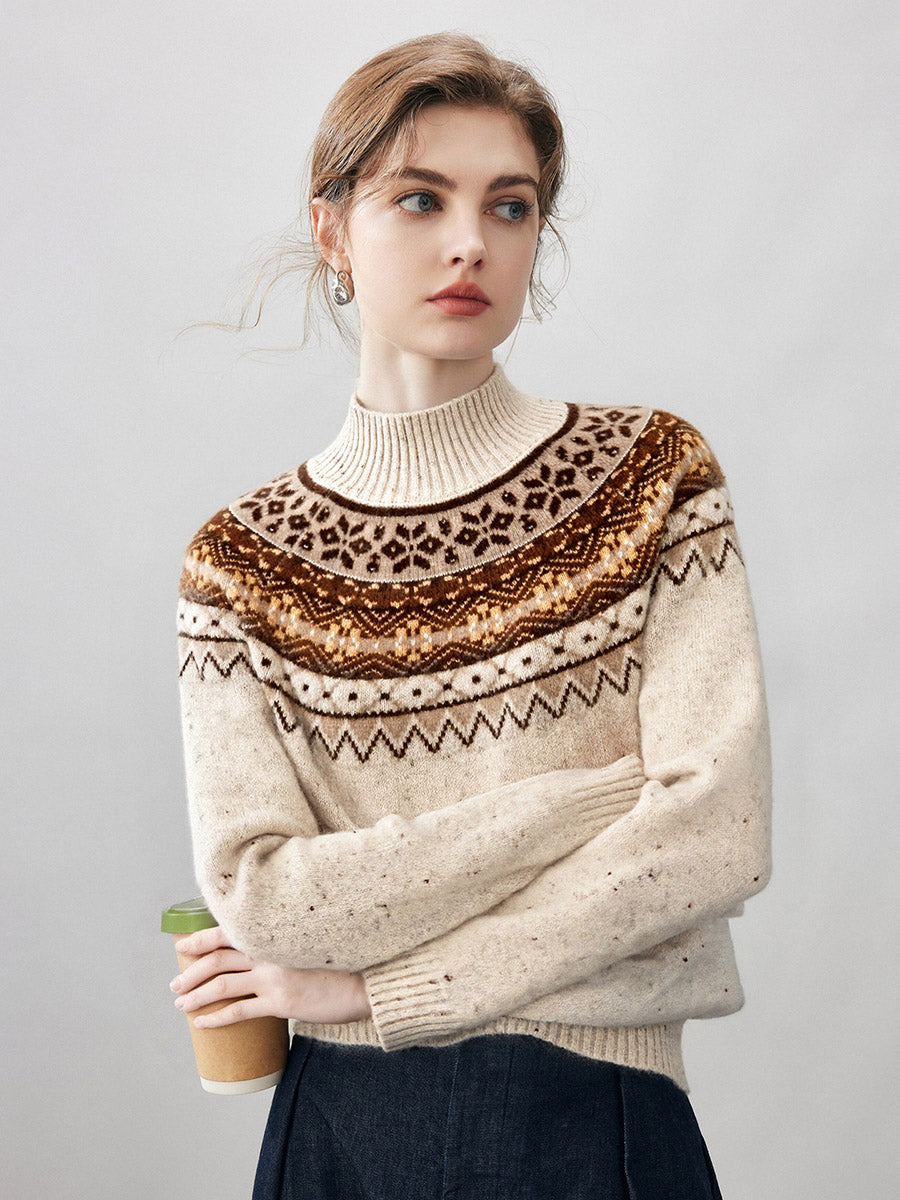 COMOBOCA Bronze 100% Cashmere Women's Fair Isle Mock Neck Sweater