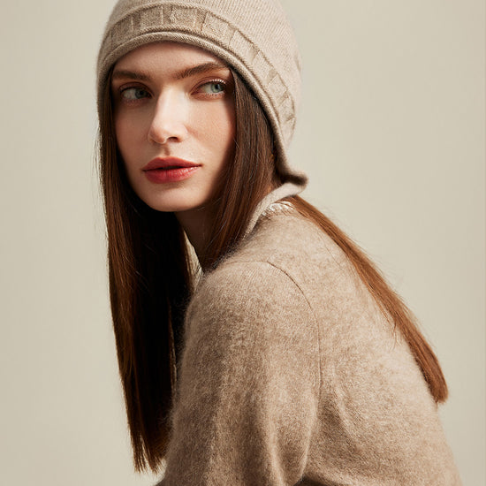 COMOBOCA 100% Cashmere Women's Knit Beanie with Ties