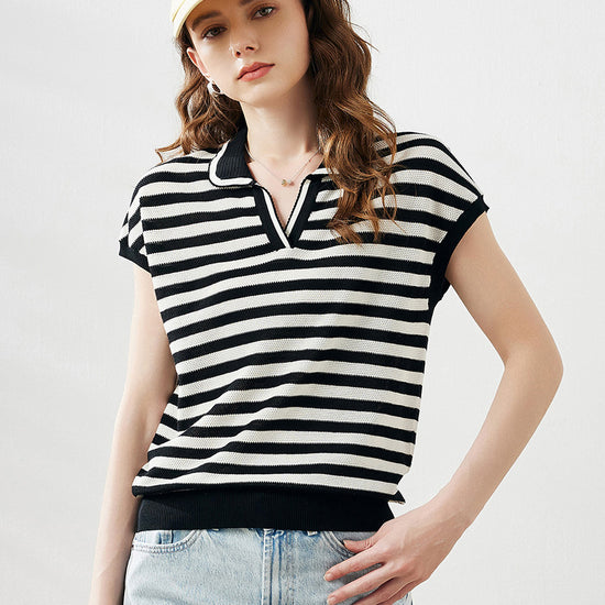COMOBOCA Women's Striped Polo Knit T-Shirt