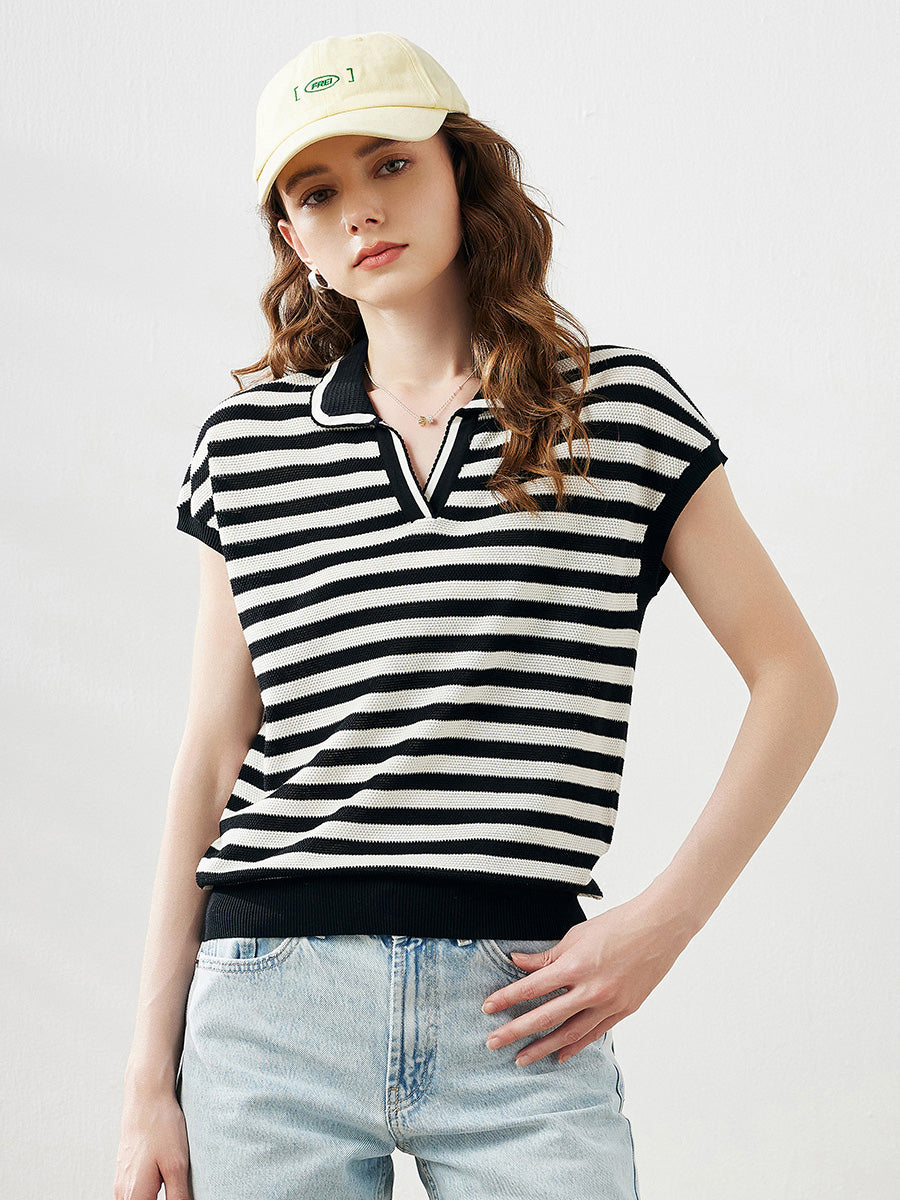 COMOBOCA Women's Striped Polo Knit T-Shirt
