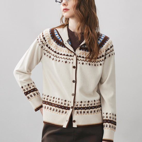 COMOBOCA Geometric 100% Wool Women's Fair Isle Knit Hoodie