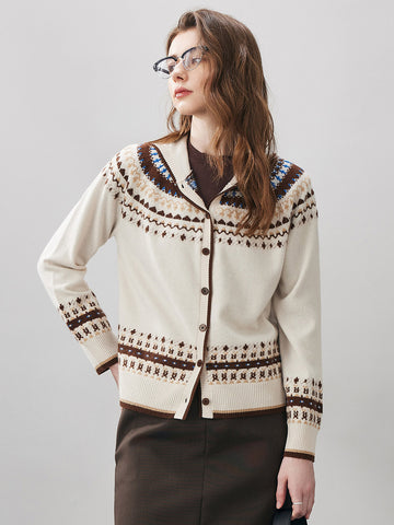 COMOBOCA Geometric 100% Wool Women's Fair Isle Knit Hoodie