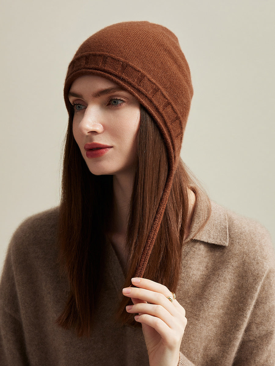 COMOBOCA Coffee 100% Cashmere Women's Knit Beanie with Ties