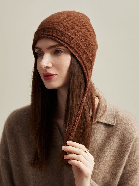 COMOBOCA Coffee 100% Cashmere Women's Knit Beanie with Ties