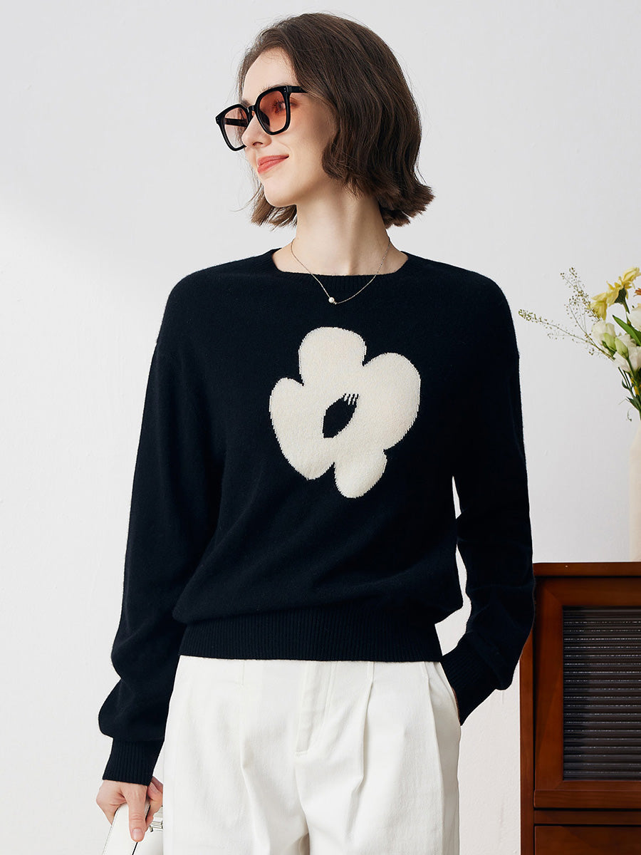 COMOBOCA 100% Cashmere Women's Floral Knit Sweater