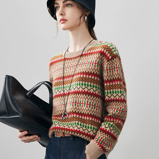 COMOBOCA 100% Cashmere Women's Fair Isle Round Neck Sweater
