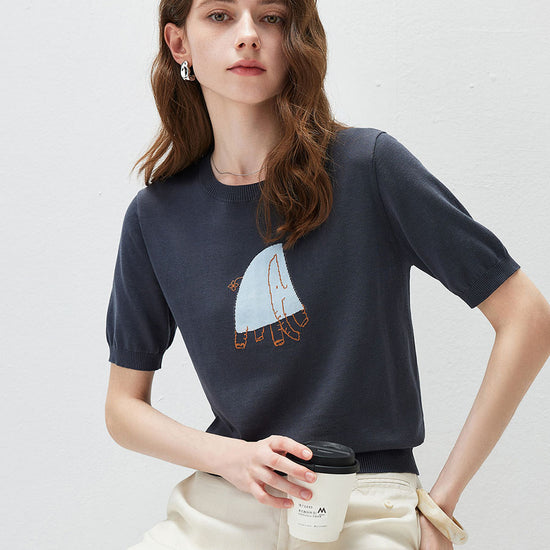 COMOBOCA Women's Elephant Intarsia Ribbed Knit T-Shirt
