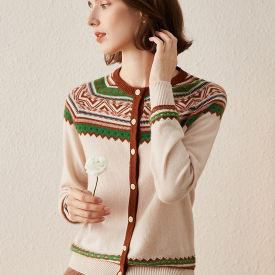 COMOBOCA 100% Cashmere Women's Vintage Inspired Geometric Knit Cardigan