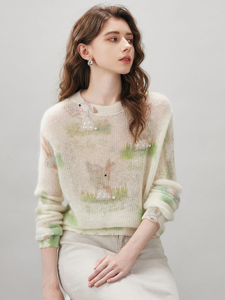 COMOBOCA Women's Bunny Printed Round Neck Sweater