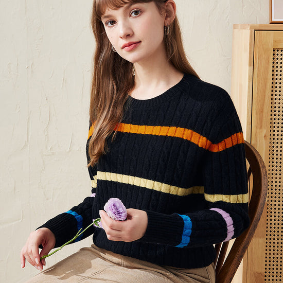 COMOBOCA 100% Wool Women's Colorful Striped Cable Knit Sweater