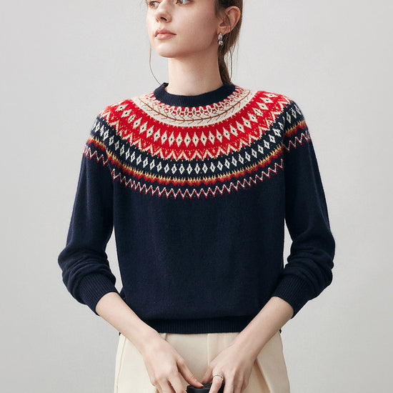 COMOBOCA Navy Blue 100% Cashmere Women's Fair Isle Round Neck Sweater