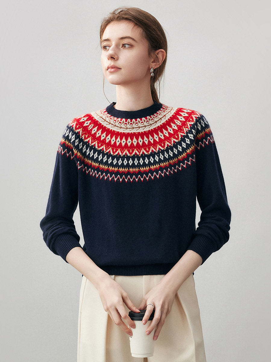 COMOBOCA Navy Blue 100% Cashmere Women's Fair Isle Round Neck Sweater