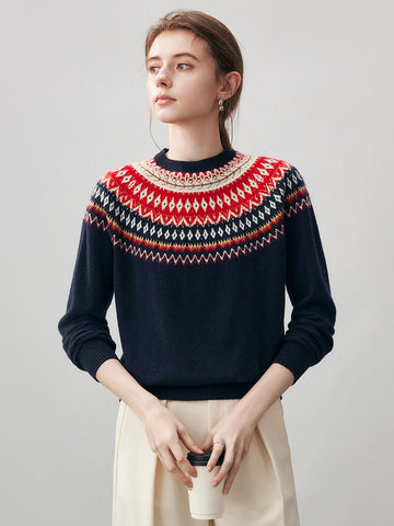 COMOBOCA Navy Blue 100% Cashmere Women's Fair Isle Round Neck Sweater