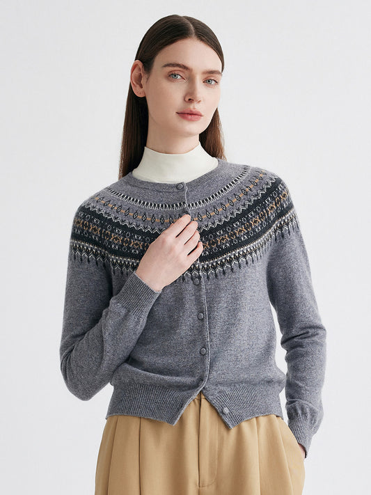 COMOBOCA Gray 100% Cashmere Women's Fair Isle Cardigan Sweater