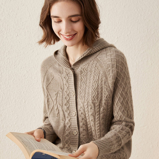 COMOBOCA 100% Cashmere Luxurious Cable Knit Hooded Cardigan